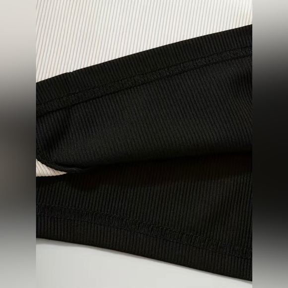 Yin & Yang Black & White 2 Tone Color Block Rib Knit Crop Top - Picture 5 of 7